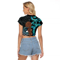 New Zealand Tui Bird Wahaika Raglan Cropped T Shirt Maori Weapon Paua Shell Koru Pattern