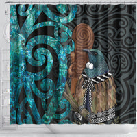 New Zealand Tui Bird Wahaika Shower Curtain Maori Weapon Paua Shell Koru Pattern
