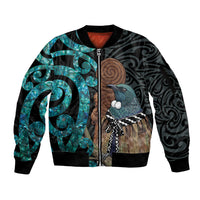 New Zealand Tui Bird Wahaika Sleeve Zip Bomber Jacket Maori Weapon Paua Shell Koru Pattern