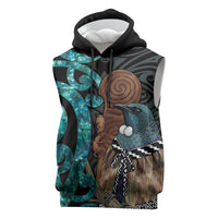 New Zealand Tui Bird Wahaika Sleeveless Hoodie Maori Weapon Paua Shell Koru Pattern