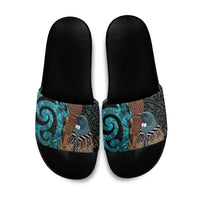 New Zealand Tui Bird Wahaika Slide Sandals Maori Weapon Paua Shell Koru Pattern
