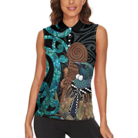 New Zealand Tui Bird Wahaika Women Sleeveless Polo Shirt Maori Weapon Paua Shell Koru Pattern