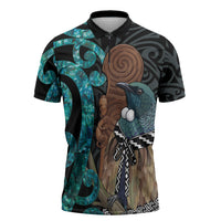 New Zealand Tui Bird Wahaika Zipper Polo Shirt Maori Weapon Paua Shell Koru Pattern