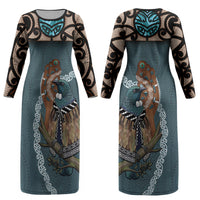 New Zealand Tui Bird Maripi Couples Matching Long Sleeve Bodycon Dress and Hawaiian Shirt Maori Weapon Kowhaiwhai Pattern