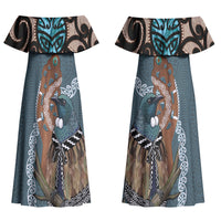New Zealand Tui Bird Maripi Couples Matching Off Shoulder Maxi Dress and Long Sleeve Button Shirt Maori Weapon Kowhaiwhai Pattern