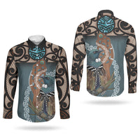 New Zealand Tui Bird Maripi Couples Matching Short Sleeve Bodycon Dress and Long Sleeve Button Shirt Maori Weapon Kowhaiwhai Pattern