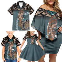 New Zealand Tui Bird Maripi Family Matching Off Shoulder Short Dress and Hawaiian Shirt Maori Weapon Kowhaiwhai Pattern