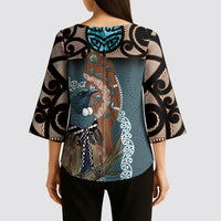 New Zealand Tui Bird Maripi Kimono Sleeve Blouse Maori Weapon Kowhaiwhai Pattern