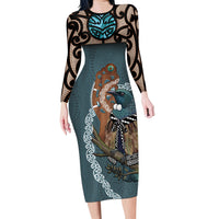 New Zealand Tui Bird Maripi Long Sleeve Bodycon Dress Maori Weapon Kowhaiwhai Pattern