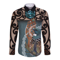 New Zealand Tui Bird Maripi Long Sleeve Button Shirt Maori Weapon Kowhaiwhai Pattern