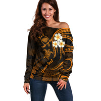 Personalised Kauai Hawaii Off Shoulder Sweater Polynesian Tattoo and Pacific Plumeria Gold Vibe LT9 Women Gold - Polynesian Pride