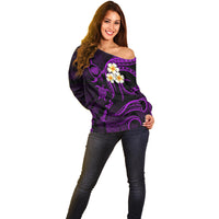 Personalised Kauai Hawaii Off Shoulder Sweater Polynesian Tattoo and Pacific Plumeria Purple Vibe LT9 - Polynesian Pride