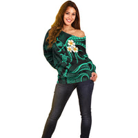 Personalised Kahoolawe Hawaii Off Shoulder Sweater Polynesian Tattoo and Pacific Plumeria Turquoise Vibe LT9 - Polynesian Pride