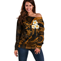 Personalised Maui Hawaii Off Shoulder Sweater Polynesian Tattoo and Pacific Plumeria Gold Vibe LT9 Women Gold - Polynesian Pride