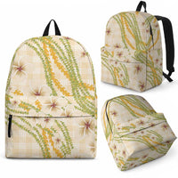 Melemele Ahiahia Hawai'i Palaka Plumeria Backpack Puakenikeni and Maile Lei