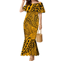 Hawaii Couples Matching Mermaid Dress and Hawaiian Shirt - Gold Polynesian Tribal Art LT14
