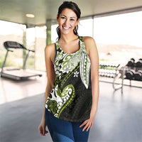 Monstera Plumeria Flowers Olive Green Women Racerback Tank Polynesian Pattern