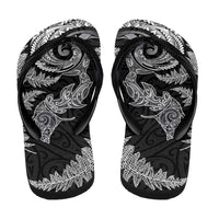 New Zealand Sea Animals with Maori Tribal Tattoo Flip Flops Shark Manta Ray with Silver Fern Black LT03 - Polynesian Pride