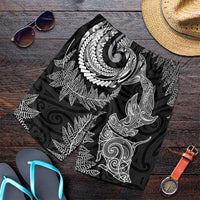 New Zealand Sea Animals with Maori Tribal Tattoo Shorts for Men Shark Manta Ray with Silver Fern Black LT03 Black - Polynesian Pride