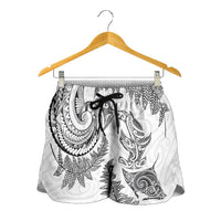 New Zealand Sea Animals with Maori Tribal Tattoo Shorts for Women Shark Manta Ray with Silver Fern White LT03 - Polynesian Pride