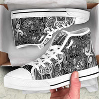 New Zealand Taiaha Maori High Top Shoes Kiwikiwi Minimalist Silver Fern Tukutuku Motif LT9 White - Polynesian Pride