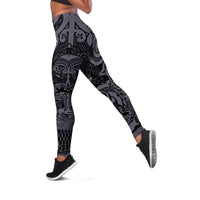 New Zealand Taiaha Maori Leggings Minimalist Silver Fern All Black LT9 Black - Polynesian Pride