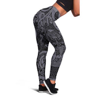 New Zealand Taiaha Maori Leggings Minimalist Silver Fern All Black LT9 - Polynesian Pride