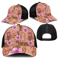 Orange Hawaii Hibiscus With Tropical Flowers Motifs Baseball Net Cap - Polynesian Pride