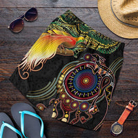 Papua New Guinea and Australia Together Shorts for Men Bird of Paradise and Kangaroo Melanesian Aboriginal Motifs LT03 Black - Polynesian Pride
