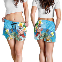 Polynesian Merry Christmas Shorts for Women Funny Santa with Sea Turtle on Beach and Plumeria - Polynesian Pride