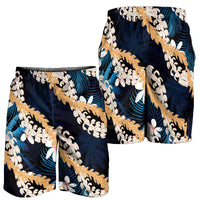Puakenikeni Maile Lei Shorts for Men Frangipani Blue Tropical Leaves
