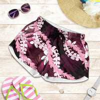 Puakenikeni Maile Lei Shorts for Women Frangipani Pink Tropical Leaves