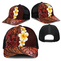 Red Polynesia Mesh Trucker Cap Plumeria Tropical Leaves With Galaxy Polynesian Art - Polynesian Pride