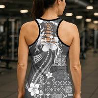 Samoa Siapo Tribal Pattern Hollow Tank Top Light Gray Polynesian Plumeria Tapa Motif