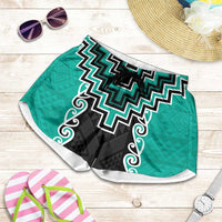 Teal Niho Taniwha Mix Poutama Shorts for Women Unique Taniko Aotearoa - Polynesian Pride