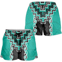 Teal Niho Taniwha Mix Poutama Shorts for Women Unique Taniko Aotearoa - Polynesian Pride