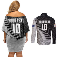 Personalized New Zealand Football Couples Matching Off Shoulder Short Dress and Long Sleeve Button Shirt Kiwi Mascot with Silver Fern - Maori Tribal Tattoo Art TS04 - Polynesian Pride
