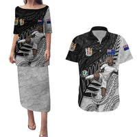 Personalized New Zealand Football Couples Matching Puletasi and Hawaiian Shirt Kiwi Mascot with Silver Fern - Maori Tribal Tattoo Art TS04 Black White - Polynesian Pride