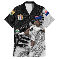 Personalized New Zealand Football Family Matching Off Shoulder Maxi Dress and Hawaiian Shirt Kiwi Mascot with Silver Fern - Maori Tribal Tattoo Art TS04 Dad's Shirt - Short Sleeve Black White - Polynesian Pride