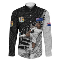 Personalized New Zealand Football Family Matching Off Shoulder Maxi Dress and Hawaiian Shirt Kiwi Mascot with Silver Fern - Maori Tribal Tattoo Art TS04 Dad's Shirt - Long Sleeve Black White - Polynesian Pride