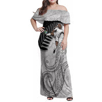 Personalized New Zealand Football Family Matching Off Shoulder Maxi Dress and Hawaiian Shirt Kiwi Mascot with Silver Fern - Maori Tribal Tattoo Art TS04 Mom's Dress Black White - Polynesian Pride