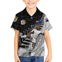 Personalized New Zealand Football Family Matching Puletasi and Hawaiian Shirt Kiwi Mascot with Silver Fern - Maori Tribal Tattoo Art TS04 Son's Shirt Black White - Polynesian Pride