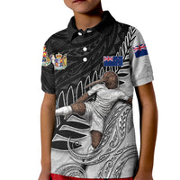 Personalized New Zealand Football Kid Polo Shirt Kiwi Mascot with Silver Fern - Maori Tribal Tattoo Art TS04 Kid Black White - Polynesian Pride
