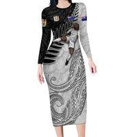 Personalized New Zealand Football Long Sleeve Bodycon Dress Kiwi Mascot with Silver Fern - Maori Tribal Tattoo Art TS04 Long Dress Black White - Polynesian Pride
