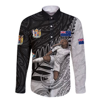 Personalized New Zealand Football Long Sleeve Button Shirt Kiwi Mascot with Silver Fern - Maori Tribal Tattoo Art TS04 Unisex Black White - Polynesian Pride