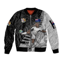 Personalized New Zealand Football Sleeve Zip Bomber Jacket Kiwi Mascot with Silver Fern - Maori Tribal Tattoo Art TS04 Unisex Black White - Polynesian Pride