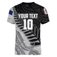 Personalized New Zealand Football Women V-Neck T-Shirt Kiwi Mascot with Silver Fern - Maori Tribal Tattoo Art TS04 - Polynesian Pride