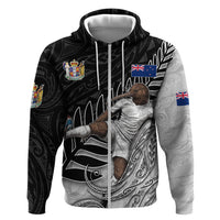 Personalized New Zealand Football Zip Hoodie Kiwi Mascot with Silver Fern - Maori Tribal Tattoo Art TS04 Zip Hoodie Black White - Polynesian Pride