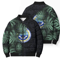 Federated States Of Micronesia Bomber Puffer Jacket FSM Tropical Monstera Leaf Dark Tribal Pattern