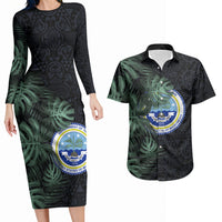Federated States Of Micronesia Couples Matching Long Sleeve Bodycon Dress and Hawaiian Shirt FSM Tropical Monstera Leaf Dark Tribal Pattern